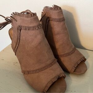 JG hooded open toe sling heels, suede like. 7.5